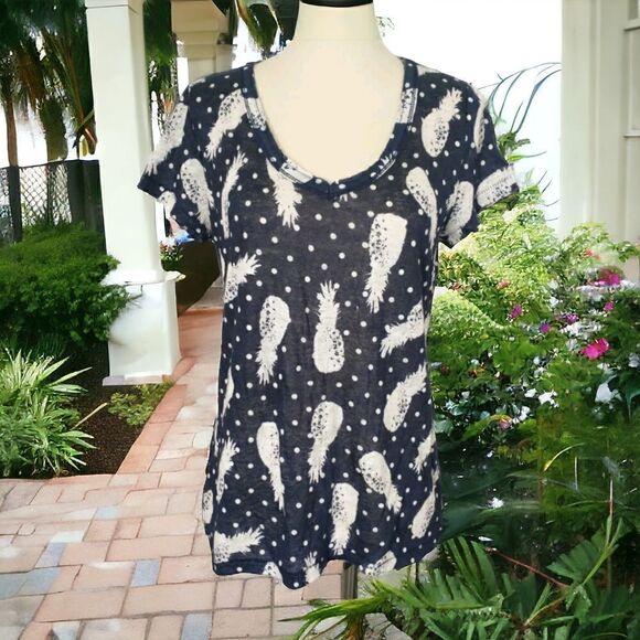 Linen Pineapple Top T Shirt Pullover Small Raw Neckline Navy Blue White Novelty. - Picture 13 of 14